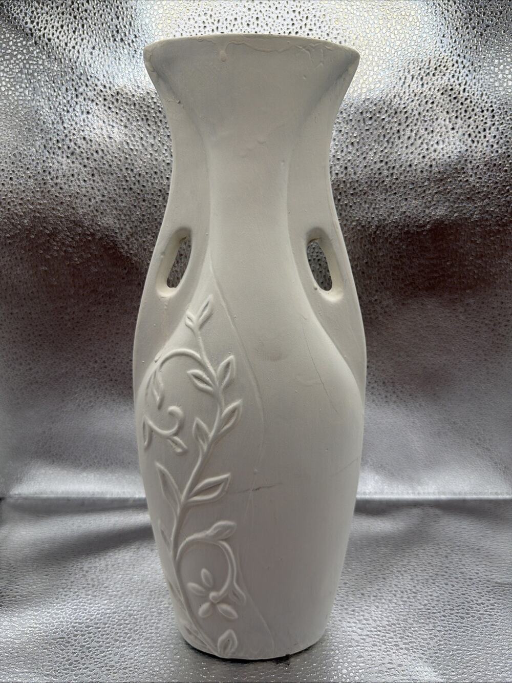White Ceramic Floral Vase, Matte Finish, Painted White Decorative 13” Minor Chip